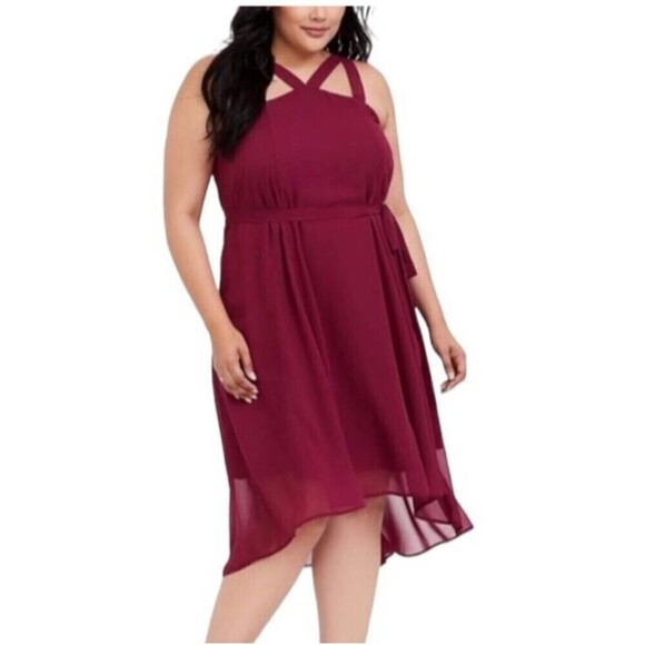 NWT Torrid Women Trapeze Hi-Low Dress 2 Burgundy Red Sleeveless Strappy Chiffon - Picture 1 of 11